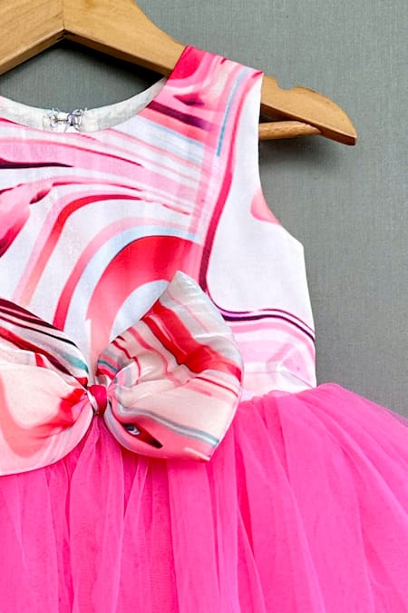 Label Neeti_White Net, Organza, Cotton Bows Swirl Print Flared Dress _Online_at_Aza_Fashions