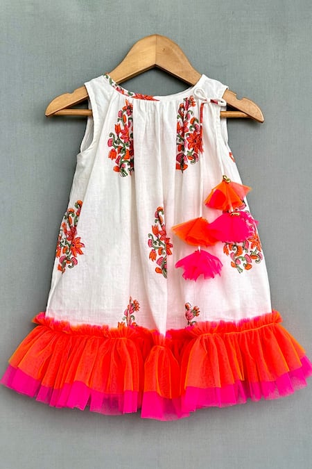 Label Neeti White Cotton, Linen Tassels Floral Block Print Tiered Dress 