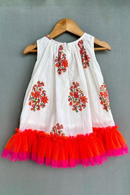 Shop_Label Neeti_White Cotton, Linen Tassels Floral Block Print Tiered Dress _at_Aza_Fashions