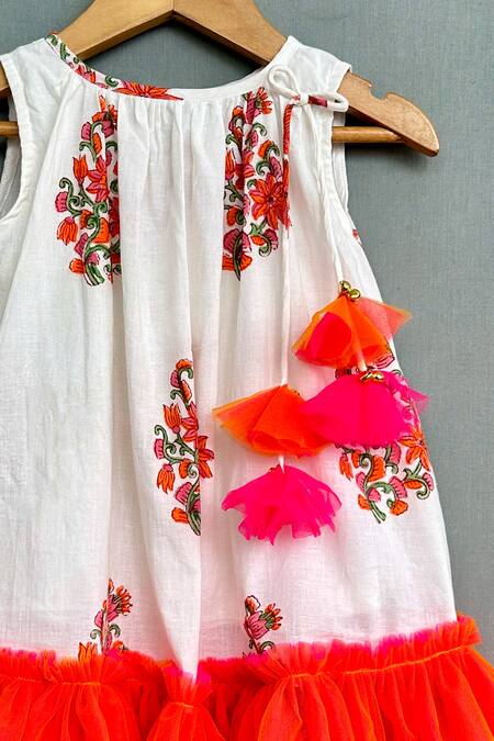 Label Neeti_White Cotton, Linen Tassels Floral Block Print Tiered Dress _Online_at_Aza_Fashions