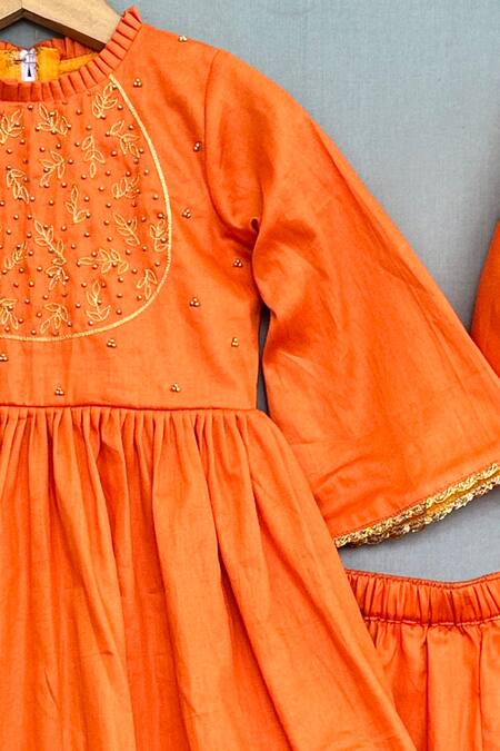 Label Neeti_Orange Cotton, Linen Zari, Beads Embroidered Peplum Kurta Sharara Set _Online_at_Aza_Fashions