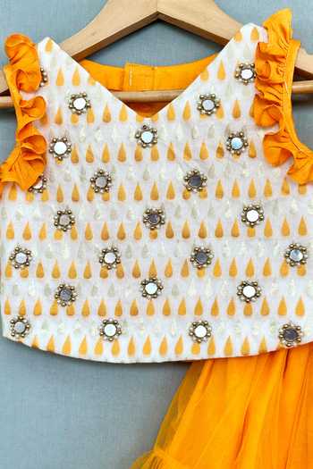 Label Neeti_Orange Net, Cotton, Brocade, Chanderi Beads, Embroidered Blouse Lehenga Set _Online_at_Aza_Fashions