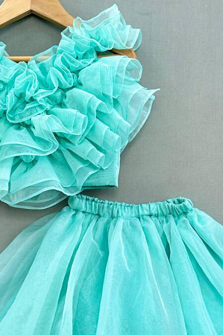 Label Neeti_Green Organza, Cotton, Linen Ruffles Top And Lehenga Set _Online_at_Aza_Fashions