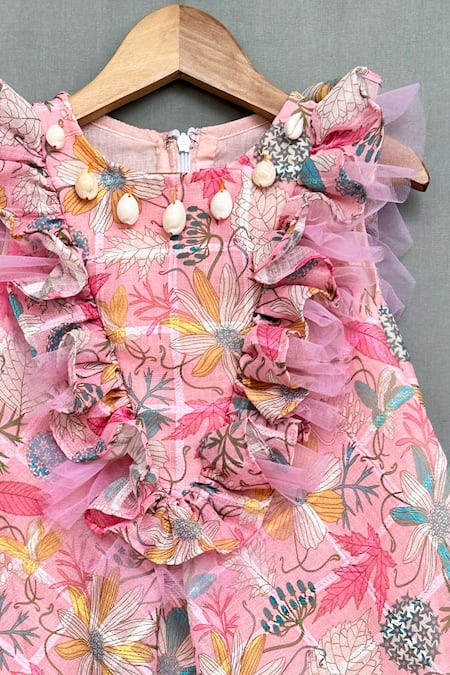 Label Neeti_Pink Cotton, Linen Bows Bloom Print Ruffled Dress _Online_at_Aza_Fashions