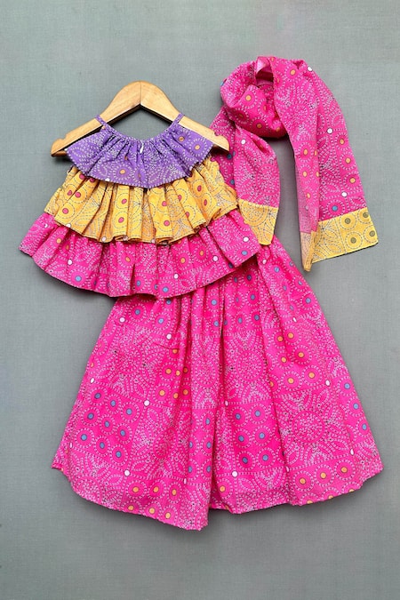 Shop_Label Neeti_Pink Cotton, Linen Pearls Katha Print Lehenga Set _at_Aza_Fashions