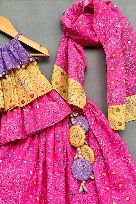 Label Neeti_Pink Cotton, Linen Pearls Katha Print Lehenga Set _Online_at_Aza_Fashions