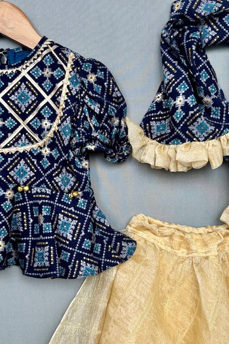 Label Neeti_Blue Cotton, Organza Embroidery Patola Print Blouse Lehenga Set _Online_at_Aza_Fashions