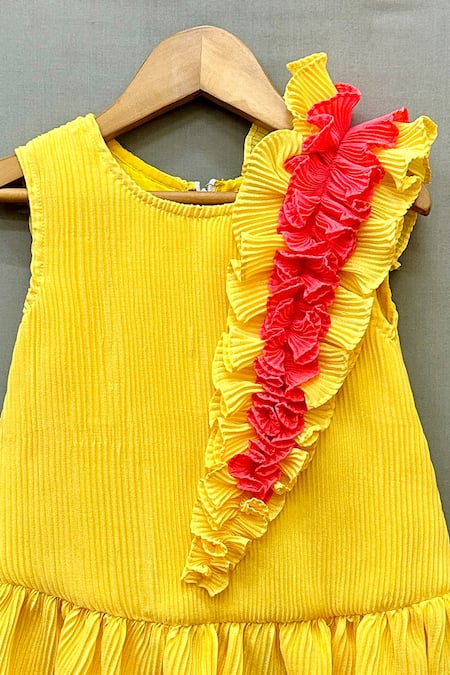 Label Neeti_Yellow Cotton, Lycra Textured Frilled Dress _Online_at_Aza_Fashions