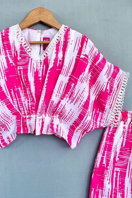 Label Neeti_Pink Cotton Lace Abstract Print Top With Pant _Online_at_Aza_Fashions