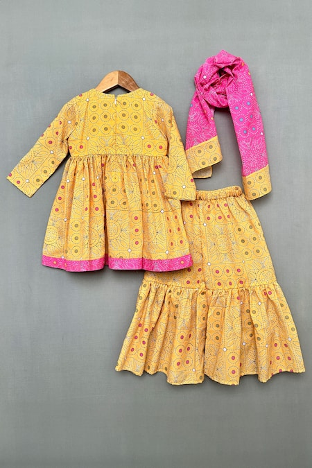 Shop_Label Neeti_Yellow Cotton Lace, Tassels, Embroidery Geometric Print Peplum Kurta Sharara Set _at_Aza_Fashions