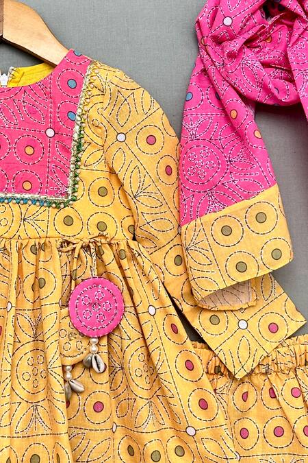 Label Neeti_Yellow Cotton Lace, Tassels, Embroidery Geometric Print Peplum Kurta Sharara Set _Online_at_Aza_Fashions