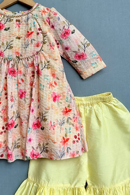 Label Neeti_Pink Cotton Sequins, Lace Floral Print Kurta With Sharara _Online_at_Aza_Fashions