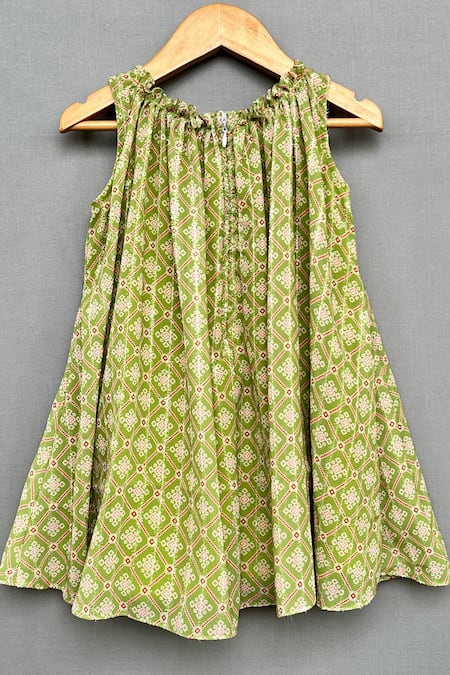 Shop_Label Neeti_Green Georgette, Cotton Tassels Geometric Print Dress _at_Aza_Fashions