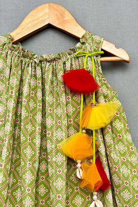 Label Neeti_Green Georgette, Cotton Tassels Geometric Print Dress _Online_at_Aza_Fashions