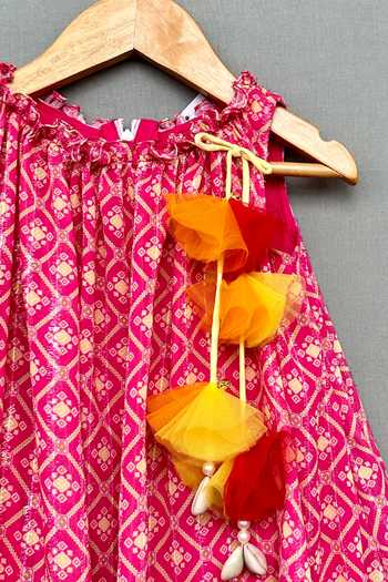 Label Neeti_Pink Georgette, Cotton Tassels Geometrical Print Dress _Online_at_Aza_Fashions