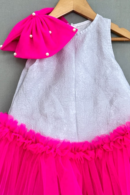 Label Neeti_Silver Net, Crepe, Cotton Pearls Textured Frill Dress _Online_at_Aza_Fashions