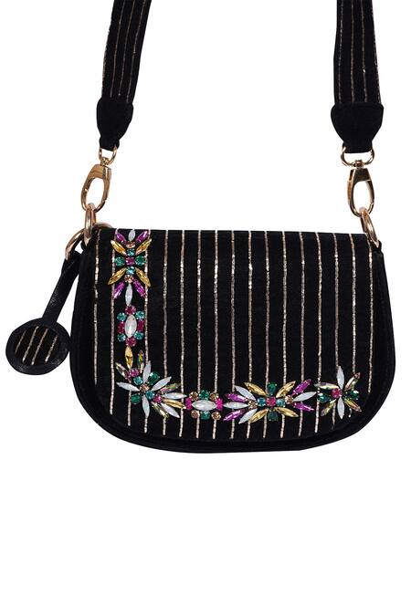 Buy_Veruschka By Payal Kothari_Black Embellished Alice Crystal Saddle Bag _Online_at_Aza_Fashions