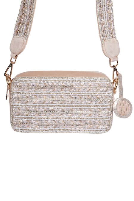 Shop_Veruschka By Payal Kothari_Cream Embellished Tatiana Sequin Stripe Embroidered Sling Bag _Online_at_Aza_Fashions