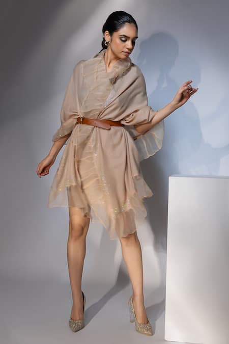 Buy Wine Double Crepe Dragonflies Shawl Collar Flower And Wrap Dress For  Women by Shahin Mannan Online at Aza Fashions.