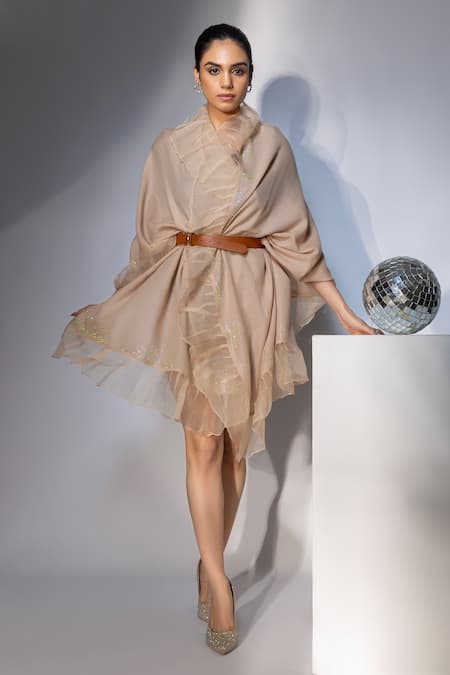 Modarta Beige Swarovski Border Embellished Ruffle Shawl Online at Aza Fashions Modarta_Beige Swarovski Border Embellished Ruffle Shawl _Online_at_Aza_Fashions