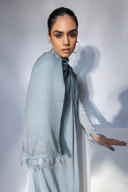 Buy_Modarta_Grey Feather Border Embellished Shawl _Online_at_Aza_Fashions