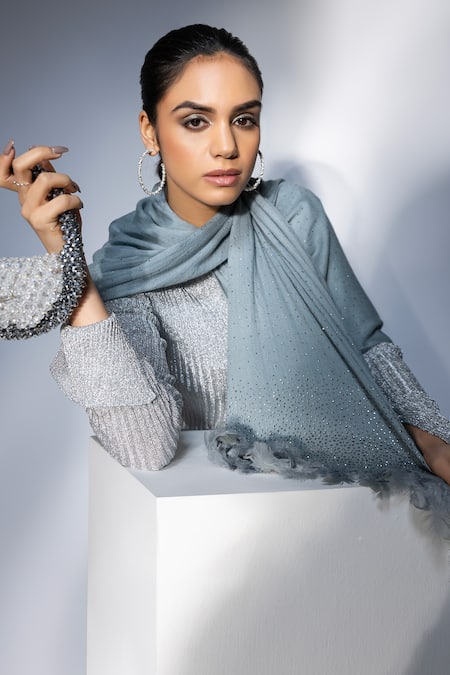 Shop_Modarta_Grey Feather Border Embellished Shawl _Online_at_Aza_Fashions
