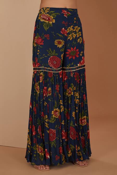 Neha Khullar_Blue Cotton, Viscose Embroidery, Gota Patti Floral Print Anarkali And Palazzo Set _Online_at_Aza_Fashions