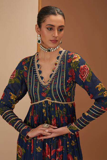 Buy_Neha Khullar_Blue Cotton, Viscose Embroidery, Gota Patti Floral Print Anarkali And Palazzo Set _Online_at_Aza_Fashions