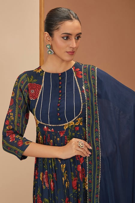 Buy_Neha Khullar_Blue Silk, Cotton, Floral Print Short Anarkali Pant Set _Online_at_Aza_Fashions