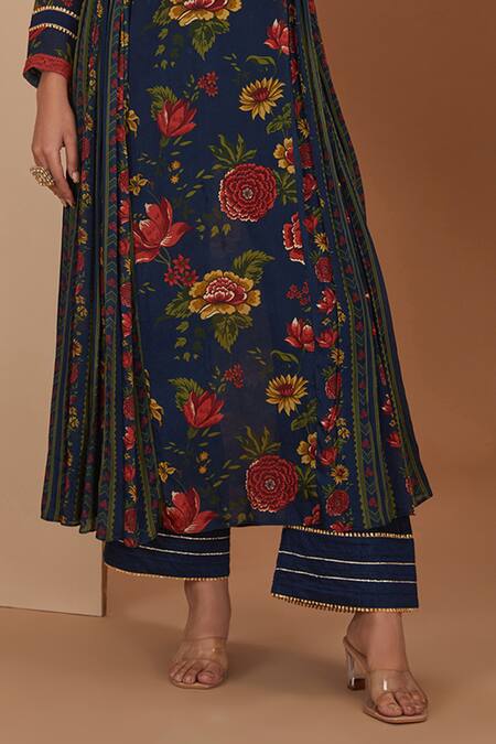 Neha Khullar_Blue Chanderi Silk, Viscose, Cotton Gota Floral Stripe Print Anarkali Pant Set For Kids_Online_at_Aza_Fashions