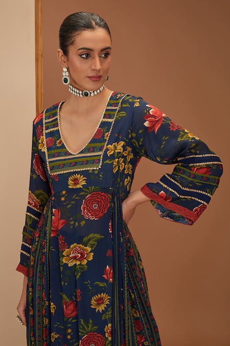 Buy_Neha Khullar_Blue Chanderi Silk, Viscose, Cotton Gota Floral Stripe Print Anarkali Pant Set For Kids_Online_at_Aza_Fashions