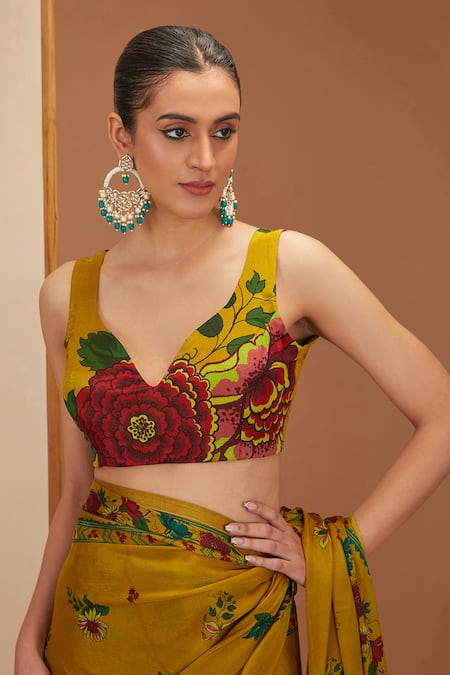 Neha Khullar_Yellow Cotton, Viscose Fringe V-neck Floral Print Saree And Blouse Set_Online_at_Aza_Fashions