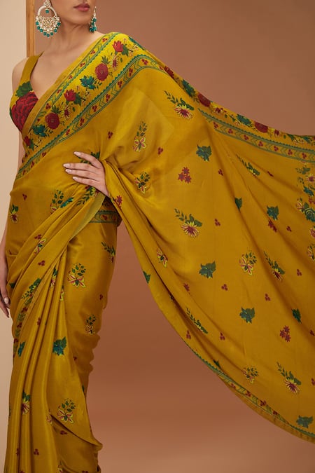 Shop_Neha Khullar_Yellow Cotton, Viscose Fringe V-neck Floral Print Saree And Blouse Set_Online_at_Aza_Fashions