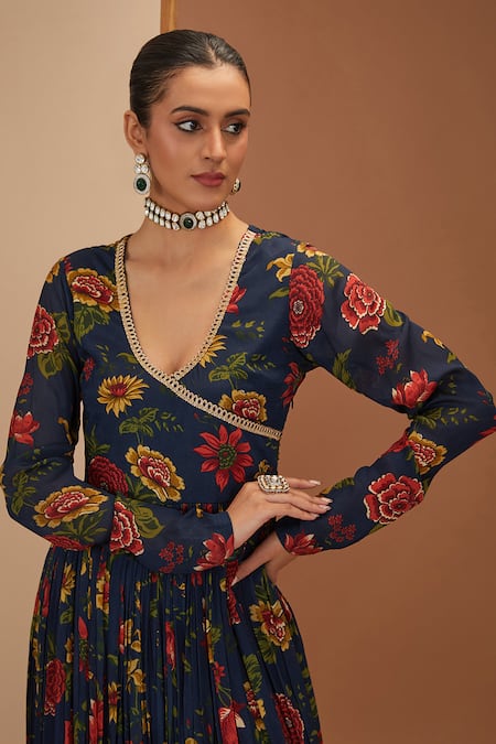 Neha Khullar_Blue Cotton, Viscose Embroidery, Gota Patti Floral Print Angarkha Anarkali Set _Online_at_Aza_Fashions