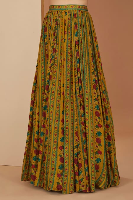 Neha Khullar_Yellow Cotton, Viscose Gota Patti, Sequins Floral Stripe Print Lehenga Set _Online_at_Aza_Fashions
