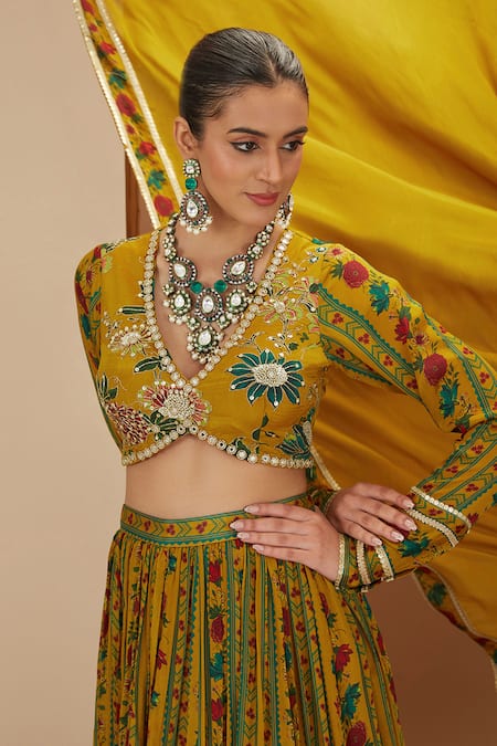 Buy_Neha Khullar_Yellow Cotton, Viscose Gota Patti, Sequins Floral Stripe Print Lehenga Set _Online_at_Aza_Fashions