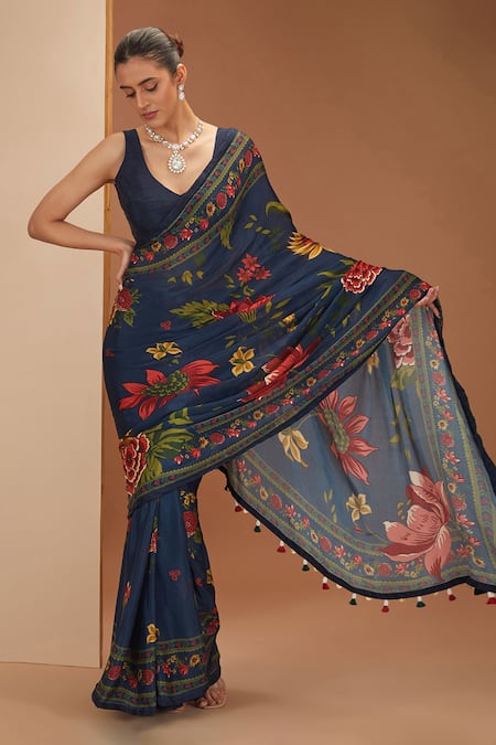 Neha Khullar Blue Viscose Chinon Printed Bloom And Stripe V Neck Saree & Blouse Set 