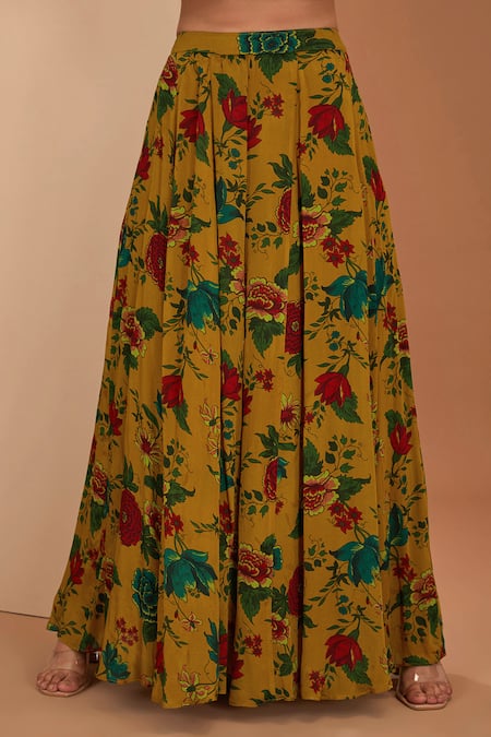 Buy_Neha Khullar_Yellow Silk, Cotton, Floral Print Short Anarkali Sharara Set _Online_at_Aza_Fashions