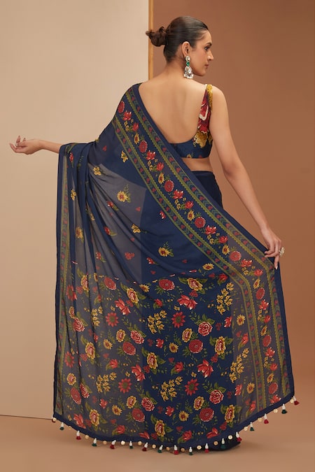 Shop Neha Khullar Blue Viscose, Cotton Tassels, Embroidery V-neck Floret Print Saree And Blouse Set at Aza Fashions Shop_Neha Khullar_Blue Viscose, Cotton Tassels, Embroidery V-neck Floret Print Saree And Blouse Set _at_Aza_Fashions