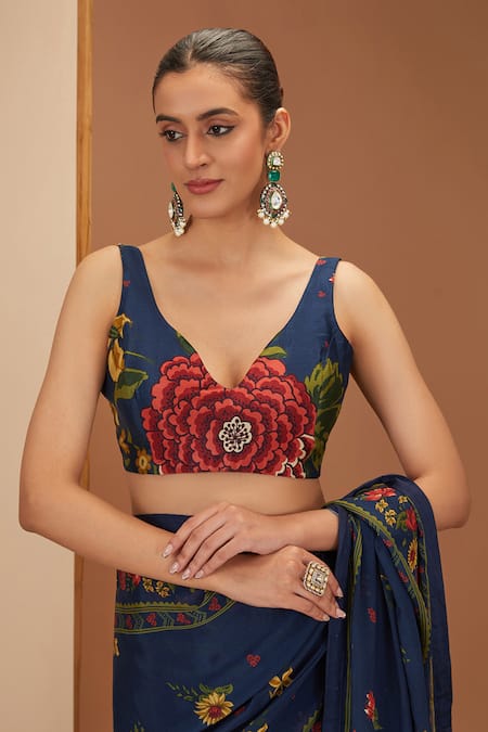 Neha Khullar Blue Viscose, Cotton Tassels, Embroidery V-neck Floret Print Saree And Blouse Set Online at Aza Fashions Neha Khullar_Blue Viscose, Cotton Tassels, Embroidery V-neck Floret Print Saree And Blouse Set _Online_at_Aza_Fashions