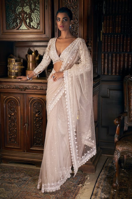 Seema Gujral Beige Net Embroidered Sequins Plunged V Saree With Blouse 