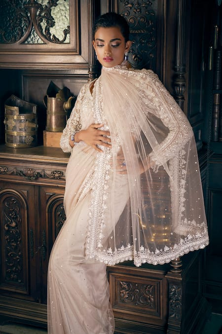 Buy_Seema Gujral_Beige Net Sequins, Crystals, Tassels Plunge Neck Embroidered Saree Set _Online_at_Aza_Fashions