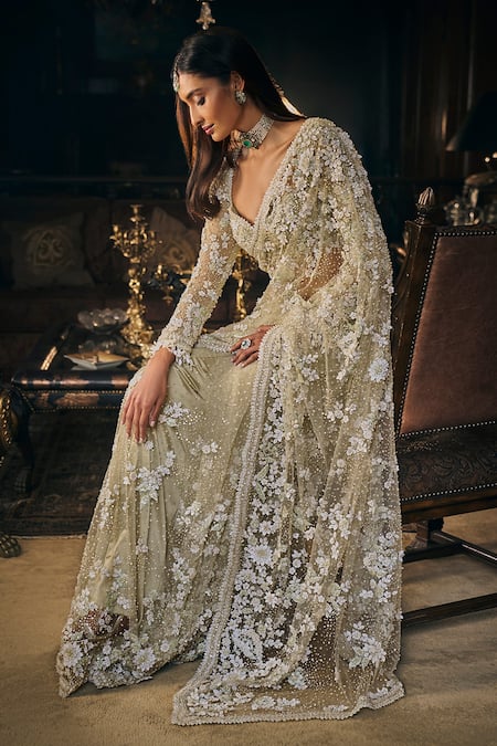 Shop_Seema Gujral_Green Net, Cotton Pearls, Embroidery Plunge Neck 3d Floral Saree With Blouse _Online_at_Aza_Fashions