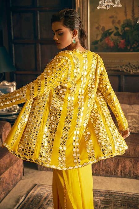 Shop Seema Gujral Yellow Georgette Mirrors Scoop Neck, Open Pre-draped Work Saree Set With Jacket at Aza Fashions Shop_Seema Gujral_Yellow Georgette Mirrors Scoop Neck, Open Pre-draped Work Saree Set With Jacket _at_Aza_Fashions