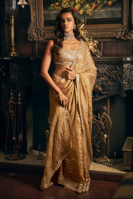 Buy Satrani White & Golden Zari Work Saree With Unstitched Blouse for Women  Online @ Tata CLiQ