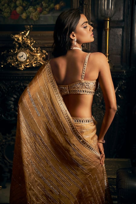 Shop_Seema Gujral_Gold Organza Mirrors Scoop Neck Work Saree With Embroidered Blouse _at_Aza_Fashions