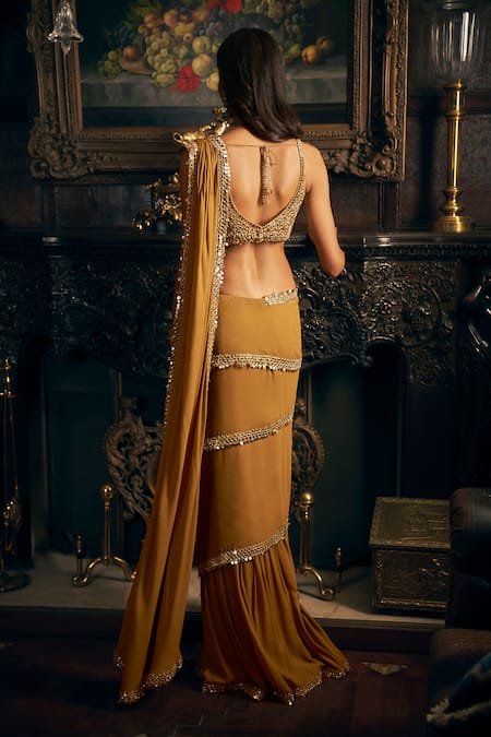 Shop_Seema Gujral_Gold Georgette Mirrors Pre-stitched Wrap Around Saree With Embroidered Blouse _at_Aza_Fashions