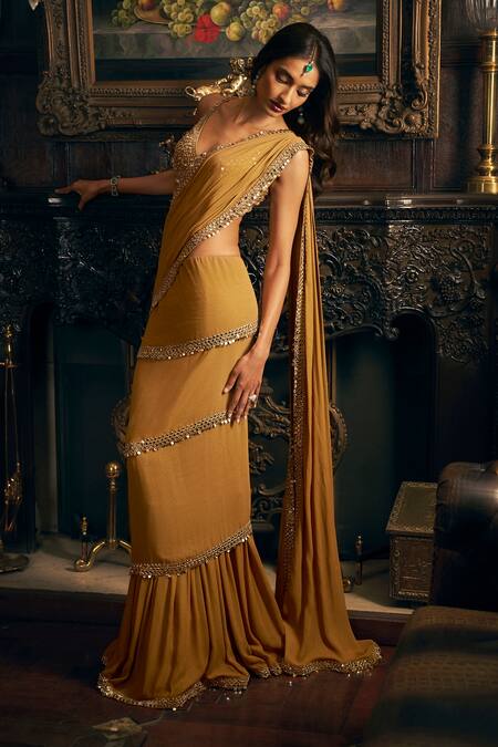 Buy_Seema Gujral_Gold Georgette Mirrors Pre-stitched Wrap Around Saree With Embroidered Blouse _Online_at_Aza_Fashions