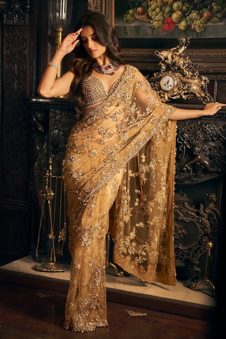 Seema Gujral Gold Net Embroidered Sequins Plunged Floral Saree With Blouse 