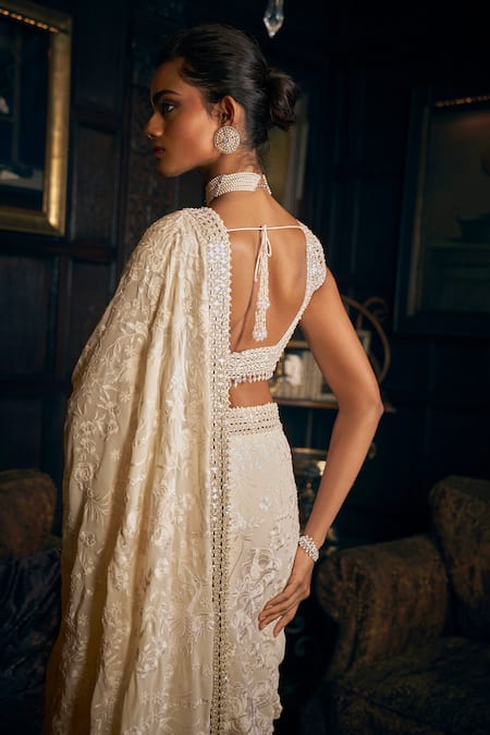 Shop_Seema Gujral_Ivory Georgette Embroidery, Mirrors Sweetheart Floral Thread Saree With Blouse _at_Aza_Fashions